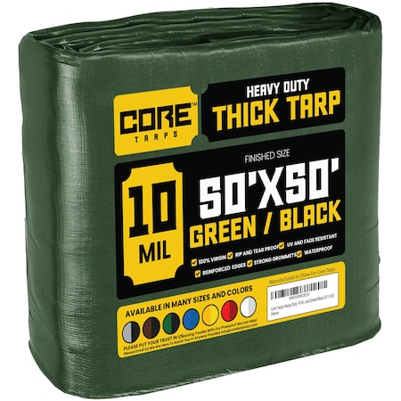 Core Tarps Heavy Duty Tarp, 50 ft L x 0.5 mm H x 50 ft W, 10 Mil, Green/Black, Polyethylene CT-603-50X50